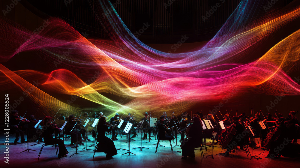 Vibrant, colorful sound waves radiating from a central orchestra, visually blending with the performers and the audience in an ethereal glow Vibrant, colorful sound waves radiating from a central orchestra, visually blending with the performers and the audience in an ethereal glow