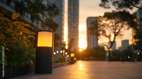 Modern outdoor lighting post at urban sunset. Perfect for city infrastructure, urban design, or architectural elements.