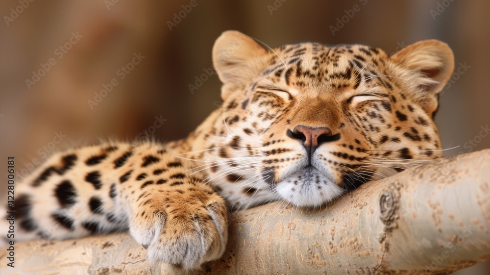 Naklejka premium Leopard on a Tree: A leopard resting on a tree branch in the African savanna, its spotted coat blending with the tree's bark and golden grass below. 