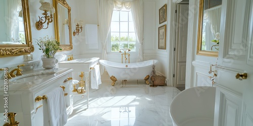 A luxurious white bathroom with marble finishes, gold fixtures, and elegant details. photo