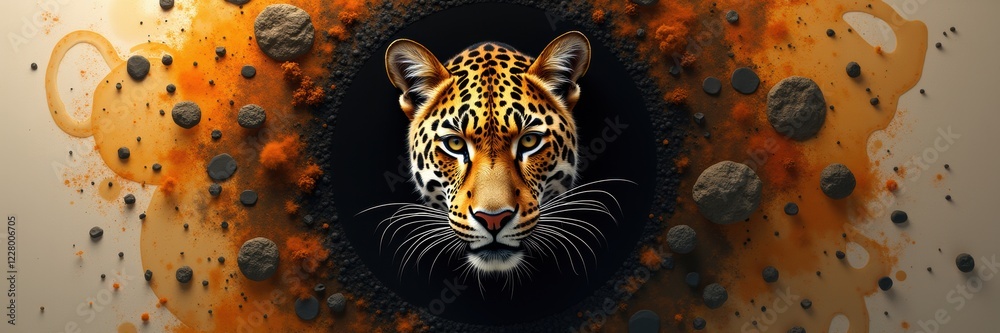 Obraz premium A striking illustration of a jaguar’s face, surrounded by a burst of warm colors and textures, embodying strength, beauty, and the wild spirit of nature.