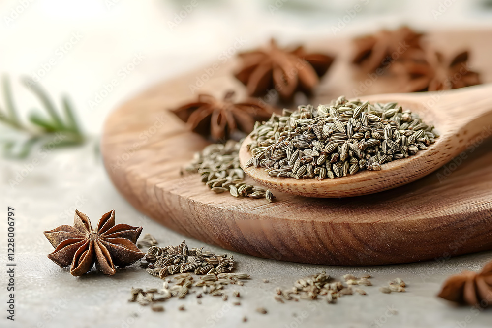 Wooden board with dried anise seeds and spoon on light background Wooden board with dried anise seeds and spoon on light background