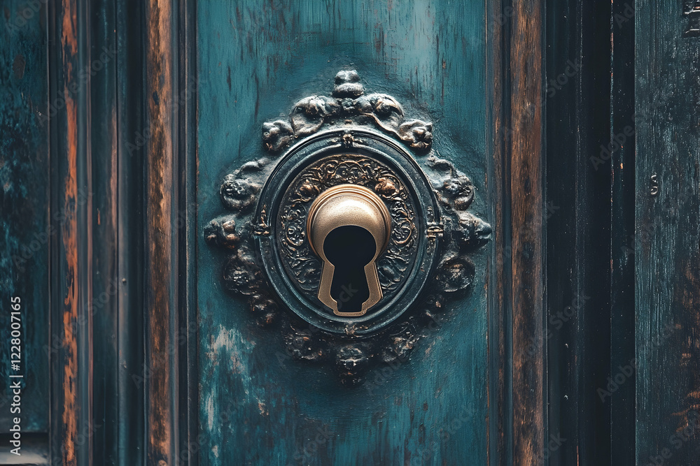 Close-up of a metallic door handle with a keyhole on an interior door Close-up of a metallic door handle with a keyhole on an interior door