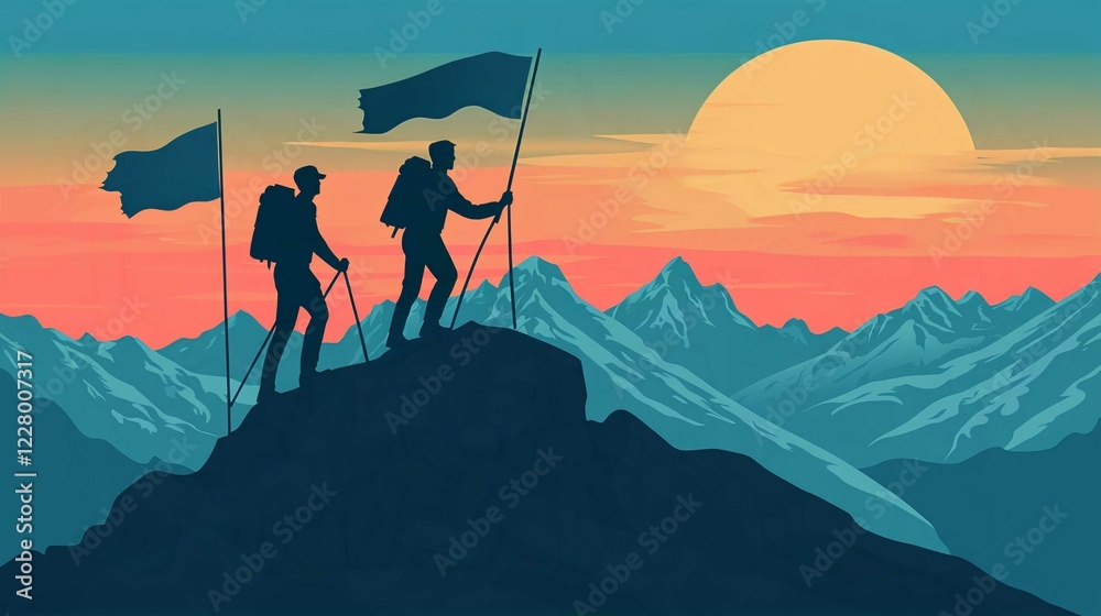 Mountain Silhouette at Sunset with Travelers Hiking in Winter Landscape