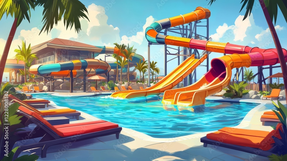 Aqua park with water slides, swimming pool, palms and lounger. Vector cartoon illustration of resort aquapark on sea beach with colorful spiral pipe and small kids waterslides