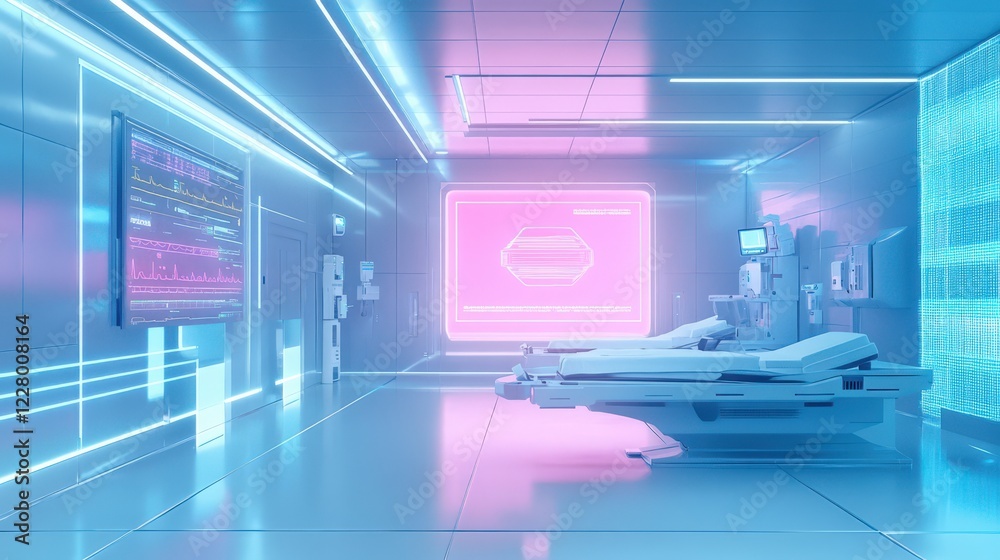 Naklejka premium A neon pink room with a bed and a monitor
