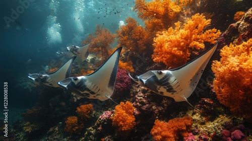 Manta rays swimming among vibrant coral reefs underwater scene tropical ocean serene view photo