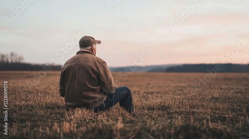 Elderly man sits in harvested field, watching sunset.