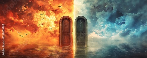 Surreal doorways, contrasting elements, fire and water, heaven and hell, ethereal landscape, dramatic clouds, mystical portals, duality concept, spiritual journey, cosmic balance, otherworldly atmosph