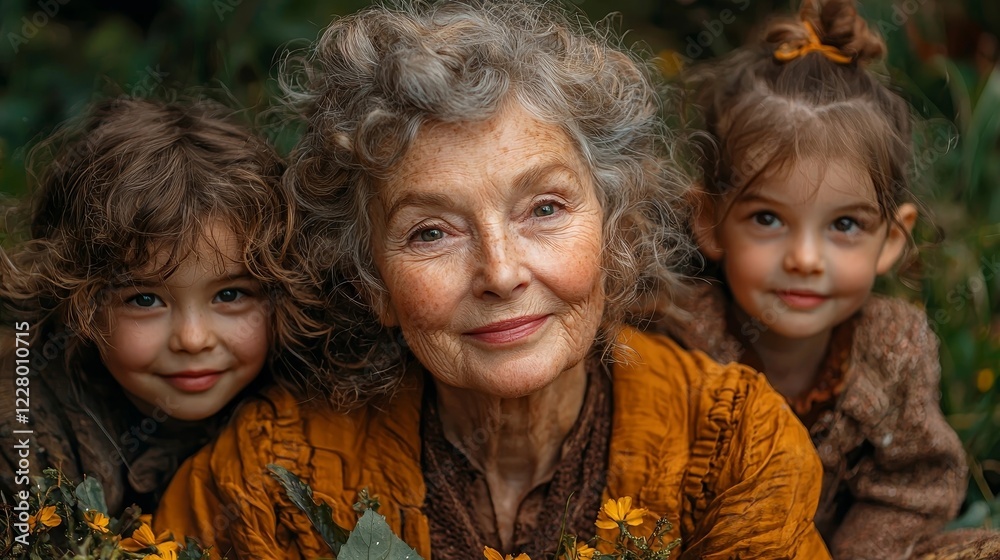Fototapeta premium Joyful Senior Grandmother Surrounded by Laughing Grandchildren Enjoying a Picnic in Lush Park