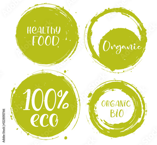 Vector green organic labels, bio emblems collection for menu or natural products packaging. Fresh vegan raw food eco friendly premium quality locally grown healthy food stickers on white