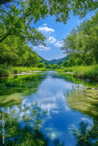 Tranquility in Nature: Serene River with Lush Greenery and Rolling Hills Under Clear Blue Sky