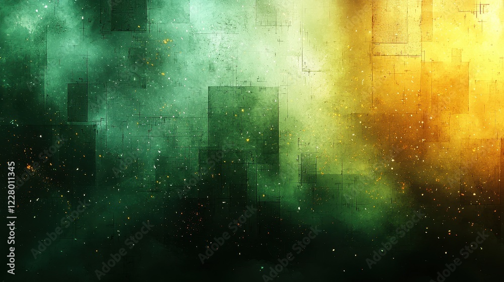 Naklejka premium Abstract textured background with green and orange hues and scattered particles.
