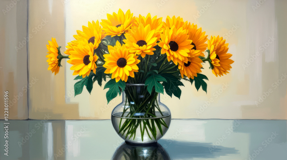 Yellow gerberas in a transparent vase with space for text in delicate pastel colors for decoration
Yellow gerberas in a transparent vase with space for text in delicate pastel colors for decoration