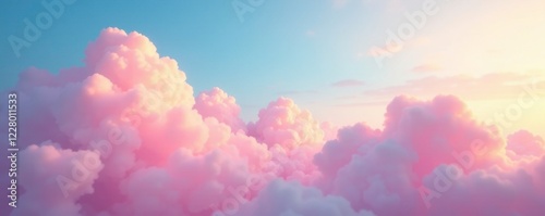 Soft pink clouds float above a bright blue sky with a subtle hint of yellow and orange hues, soft focus, rainbow, nature