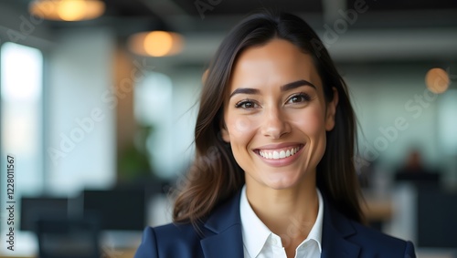 Young happy confident smiling professional business woman, professional female inside office, copy space
