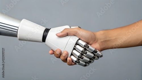 This image shows a close-up of a handshake between a robotic hand and a human hand. 