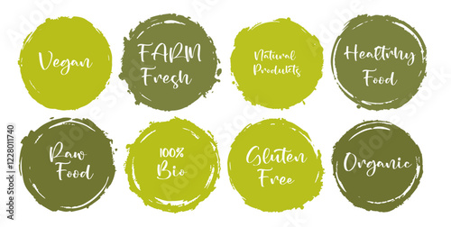 Vector green organic labels, bio emblems collection for menu or natural products packaging. Fresh vegan raw food eco friendly premium quality locally grown healthy food stickers on white