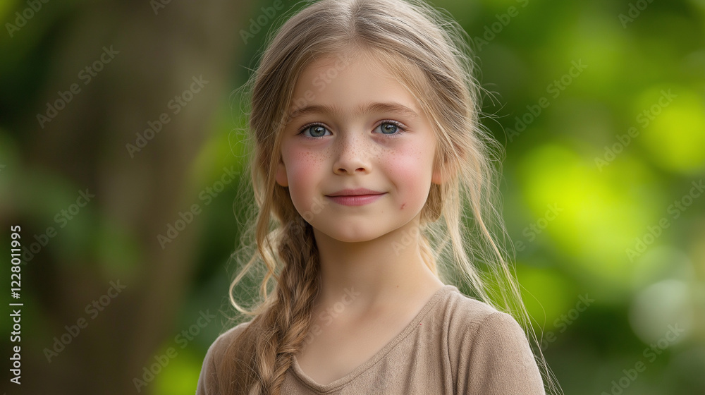 Portrait of smiling young girl with braided hair in nature. Ideal for childhood development, education and family themes. Portrait of smiling young girl with braided hair in nature. Ideal for childhood development, education and family themes.