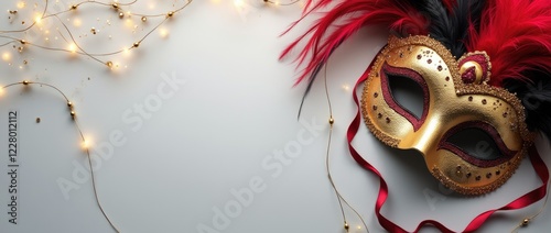 Elegant feathered masquerade carnival red black mask with gold beads on light grey background.