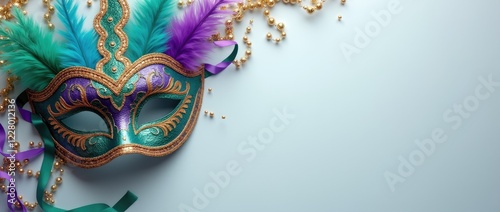 Colorful green purple carnival venetian masquerade masks with feathers on light background with copy space,
