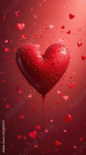 Floating heart balloon surrounded by red petals on a gradient background