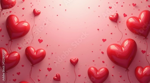 Heart-shaped balloons on pink background with scattered mini hearts.Valentine day, 14th february concept.