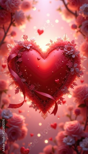 Romantic heart with floral accents surrounded by pink roses and soft glow.Valentine day, 14th february concept.