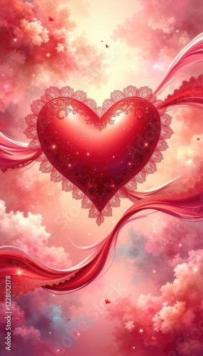Romantic red heart with lace and flowing ribbon amidst dreamy pink clouds.Valentine day, 14th february concept.