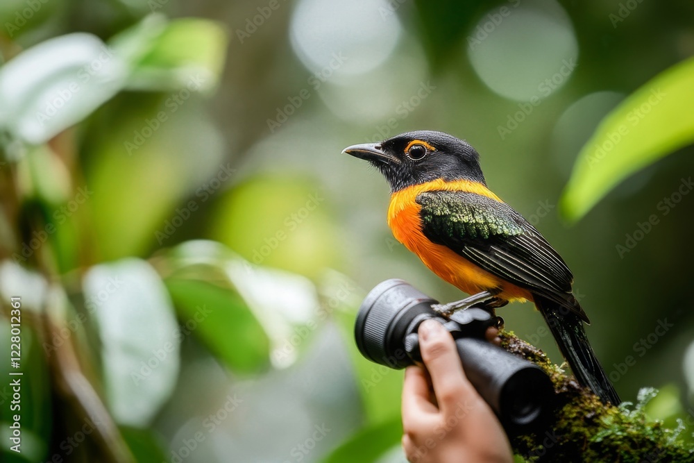 Fototapeta premium A birder with binoculars and a checklist, identifying a rare bird perched on a branch in a dense forest