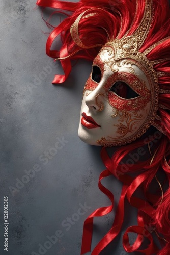 Elegant venetian carnival mask with red ribbons and intricate gold detailing on textured surface