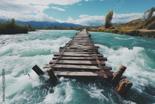 A broken bridge with insufficient planks to cross a river, symbolizing both danger and incompletion photo
