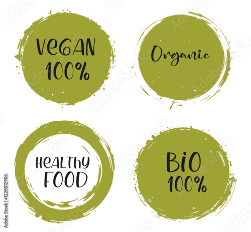 Vector green organic labels, bio emblems collection for menu or natural products packaging. Fresh vegan raw food eco friendly premium quality locally grown healthy food stickers on white