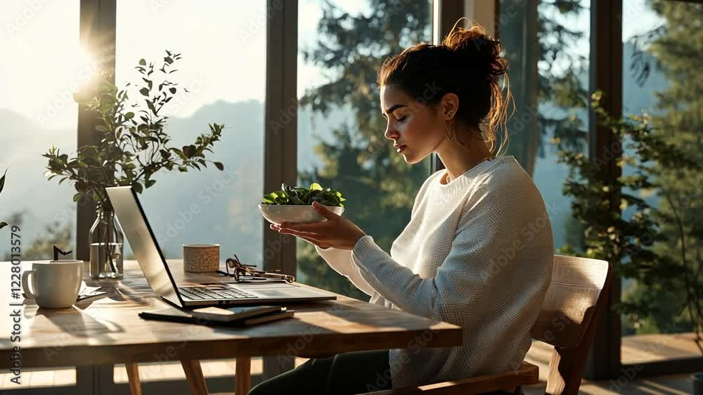 custom made wallpaper toronto digitalYoung Latina Woman at Desk Enjoying Lunch in Modern Office