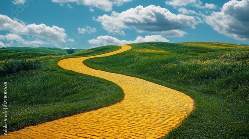 The image showcases a vividly colored yellow brick road meandering through verdant green fields under a partly cloudy sky, embodying a sense of adventure. photo