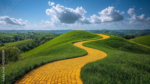 This image features a winding yellow brick road traversing lush, rolling hills beneath a blue sky dotted with fluffy clouds, inviting exploration and discovery.