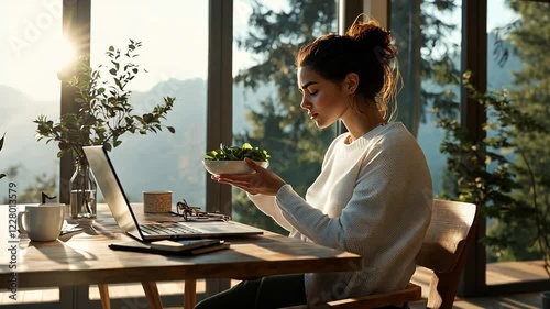 Wallpaper Mural Young Latina Woman at Desk Enjoying Lunch in Modern Office Torontodigital.ca