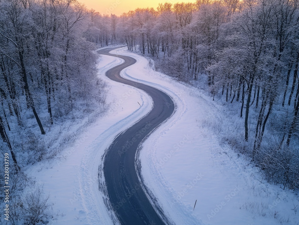 A winding, snow-covered country road on a cold winter's day. Curved path through the woods. A winding, snow-covered country road on a cold winter's day. Curved path through the woods.