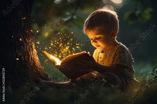 A child opening a storybook under a tree, with illustrations magically coming to life around them photo