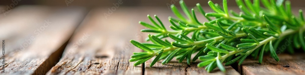 Fresh thyme and rosemary sprigs on a rustic wooden table with a watercolor background, wood, food Fresh thyme and rosemary sprigs on a rustic wooden table with a watercolor background, wood, food