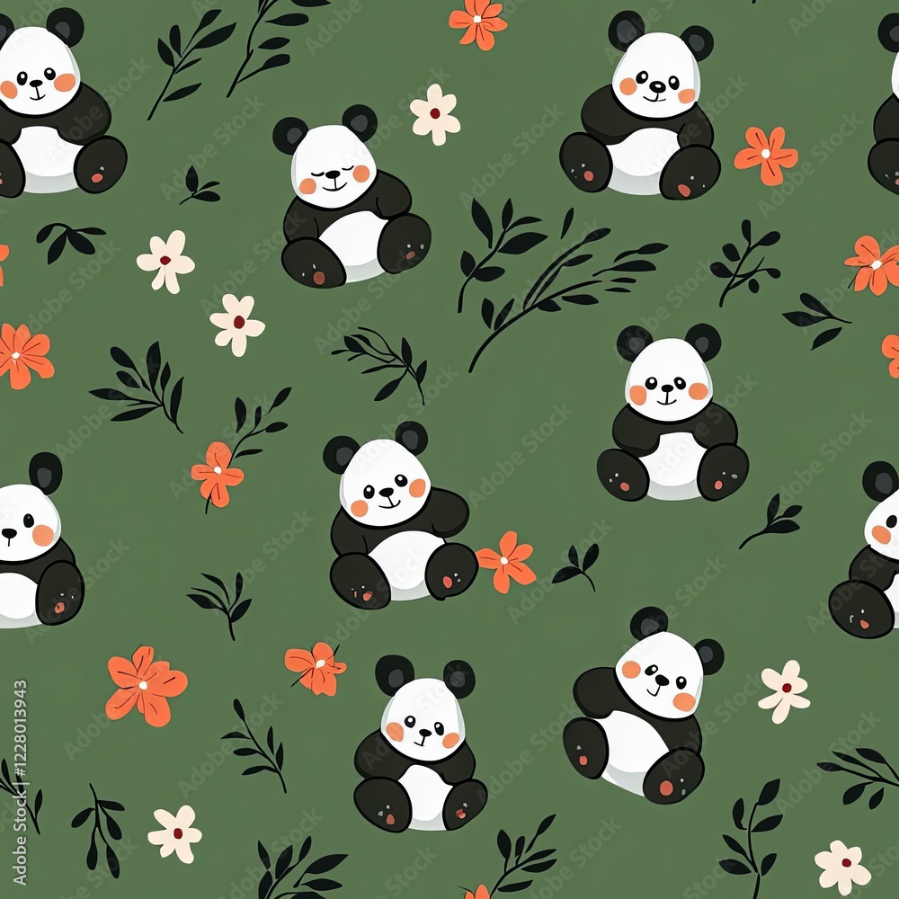 Naklejka premium Seamless Pattern with Cartoon Panda and Flower Design on Green Background.