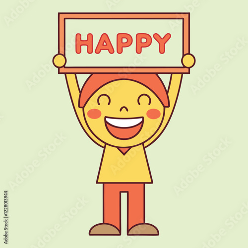 Happy Character with Positive Sign Vector Illustration - Cheerful, Motivational Design