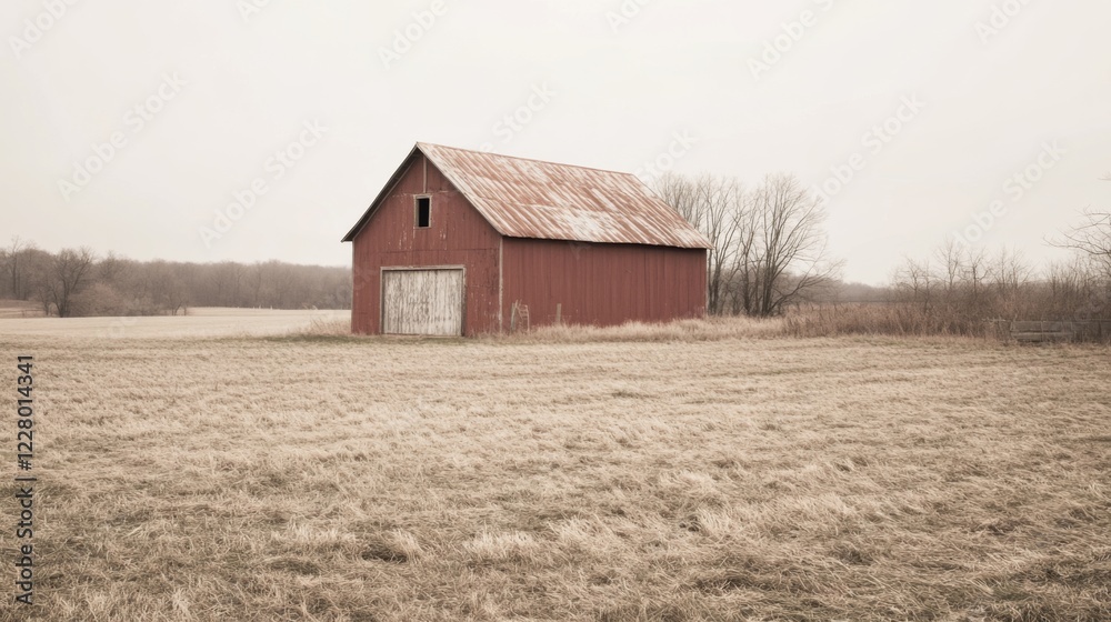 Obraz premium Rustic red barn in a desolate winter field.