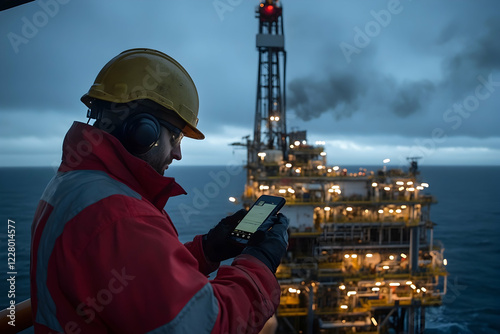 Engineer monitoring oil and gas operations on a drilling rig using a mobile phone