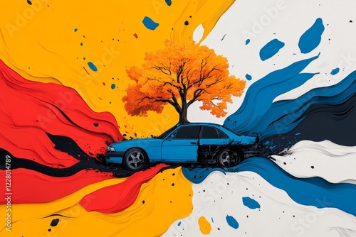 A colorful 2D illustration of a tree growing through the middle of a broken-down car, symbolizing nature overtaking a former mode of transportation photo