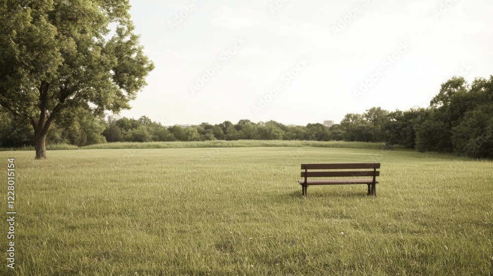 Serene park bench in a grassy field under a tree. Serene park bench in a grassy field under a tree.