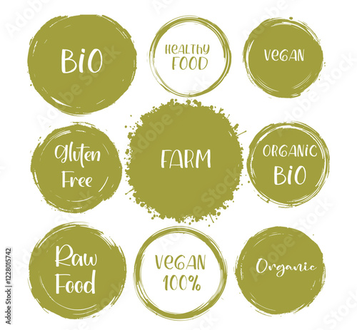 Green vector organic labels, bio emblems for restaurants menu, natural products packaging. Vegan, gluten free, fresh raw healthy food, premium quality, locally grown eco friendly stamps on white.