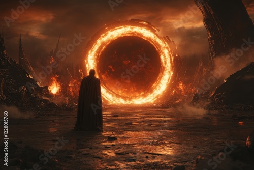 A detailed 3D visualization of a heroic character standing before a massive, glowing portal, greatly ready to embark on an epic journey