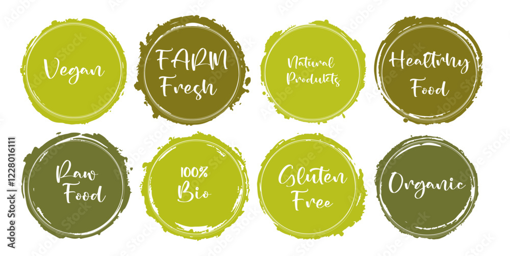 Fototapeta premium 3436Vector organic labels, bio emblems for restaurants menu, natural products packaging. Gluten free, vegan fresh raw healthy food, premium quality, locally grown eco friendly insignia stamps collecti