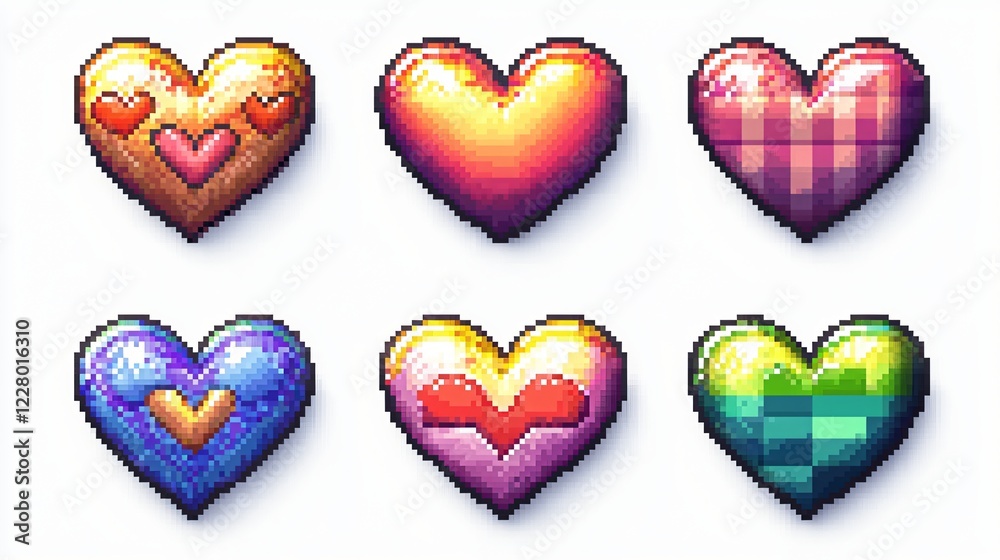 Fototapeta premium Six Pixel Art Hearts with Various Textures and Patterns Against a Plain White Background.